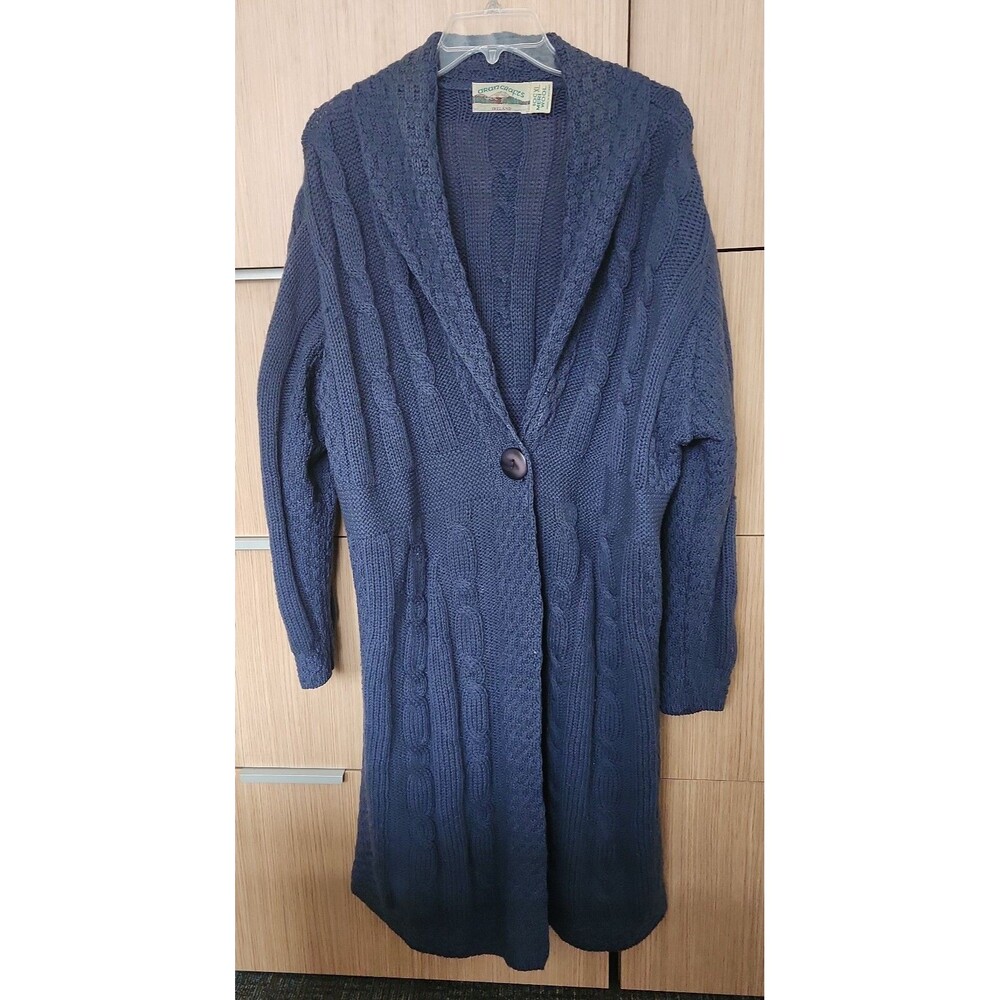 Aran Crafts Ireland Dark Blue Merino Wool Cable Knit Long Sweater Women's XL